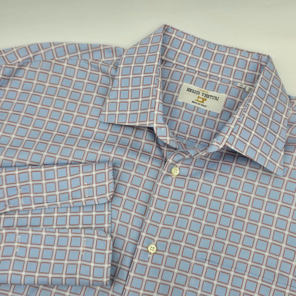 Enrico Venturi Men's Dress Shirt 18 1/2 French Cuffs Blue White Check Italian